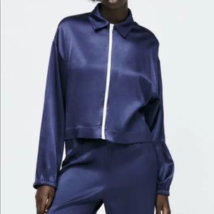 Zara Women Blue Satin Effect Tracksuit Jacket ￼L